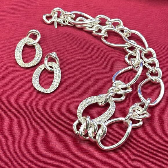 SAQ Set: Silver-Tone Chain Link w/ Crystal Choker Necklace & Post Dangle Earring - Picture 13 of 13
